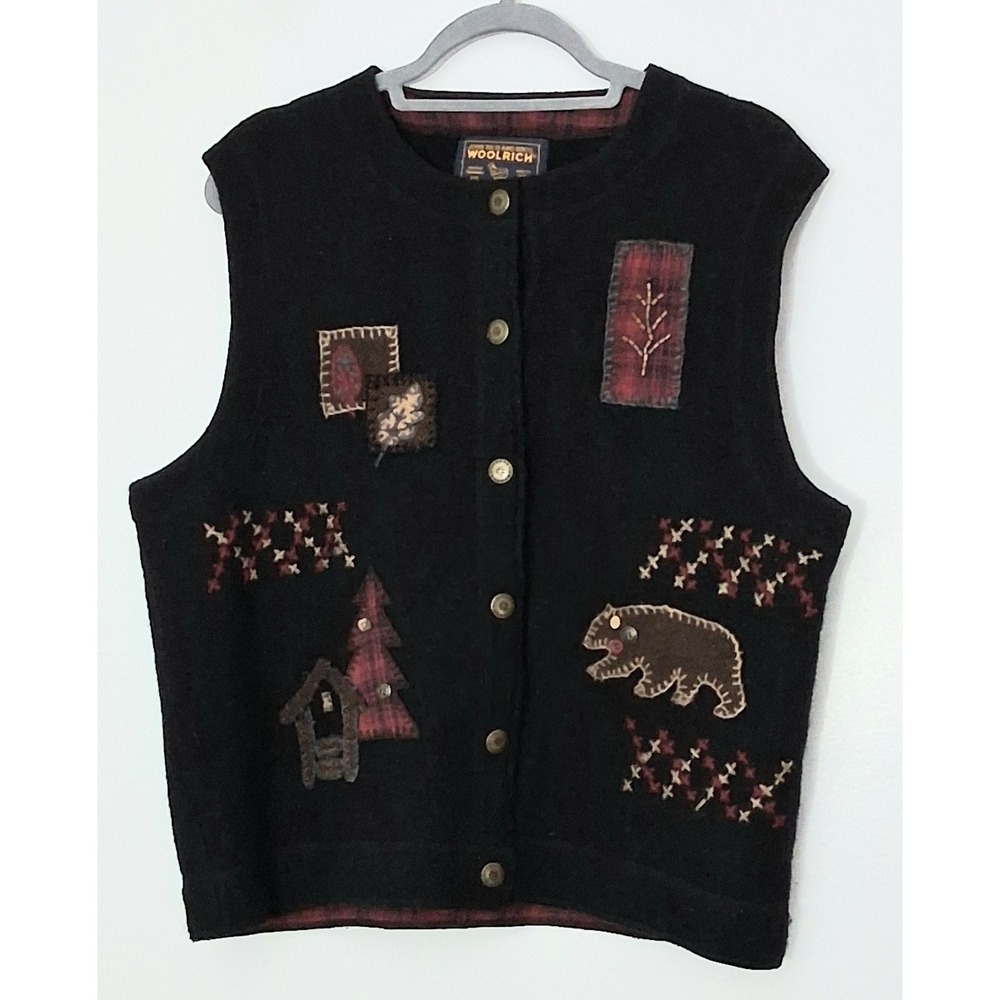 Woolrich Vest Size Large Button Up Embroidered Wool Plaid Bear Fall Leaves